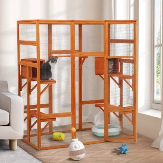 AZL1 Life Concept Pet Crates and Houses Multi Tiered Climbing Platforms Secure Enclosure for Multiple Cats, Orange, 62.4"*32.4"*70" image {1}
