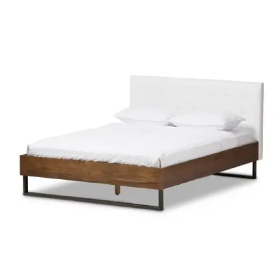 King Mitchell Rustic Industrial Walnut Wood and Faux Leather Metal Platform Bed White - Baxton Studio image {1}