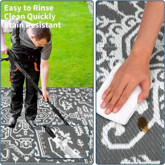 Large Waterproof Outdoor Rug, Reversible Vintage Plastic Straw Patio Mat, Stain-Resistant RV Carpet for Deck, Camping, Balcony, Gray+White 9*18ft image {4}