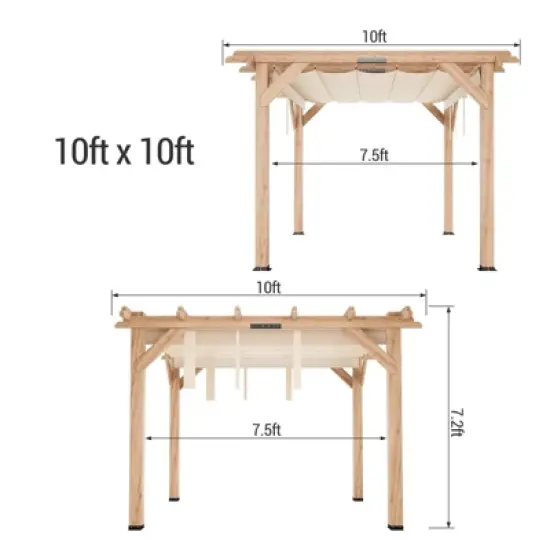 Pergola, Wooden Pergola - 10x10 FT Cedar Wood with Retractable Oxford Fabric Roof, Outdoor Patio Canopy Gazebo with Shade image {1}