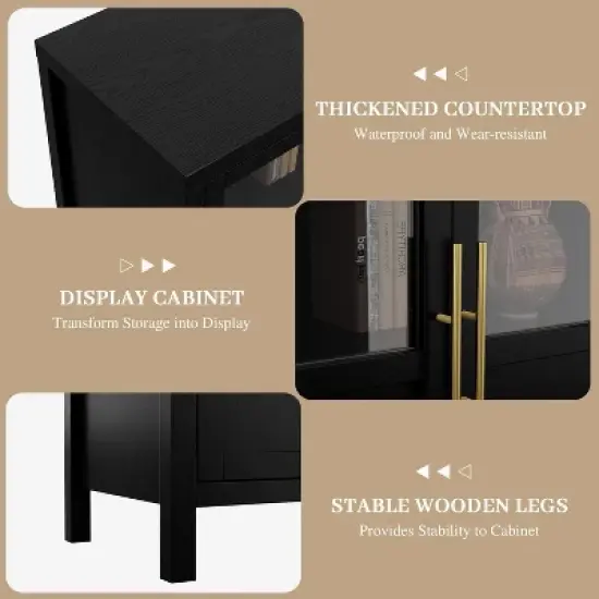 55'' Large Sideboard Buffet Cabinet, Glass Door Kitchen Storage Cabinet, Wooden Farmhouse Coffee Bar Cabinet, Buffet Table with Storage image {5}