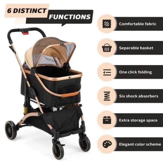 Sandinrayli 3-in-1 Foldable Pet Stroller for Dogs and Cats with Detachable Carrier, 6 Shock Absorbers, Rose Gold image {2}