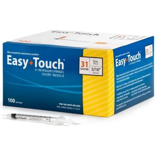 Easy Touch Insulin Syringes Short Needle 31 Gauge 1mL 8mm, 100 Ct image {6}