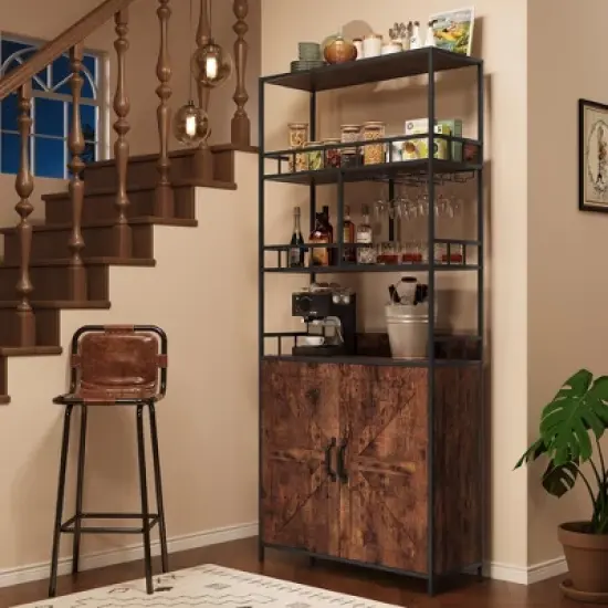 Bakers Rack with Storage, Farmhouse Freestanding Small Kitchen Pantry Hutch Tall Door Thickened Counter, Coffee Bar Storage Shelves image {6}