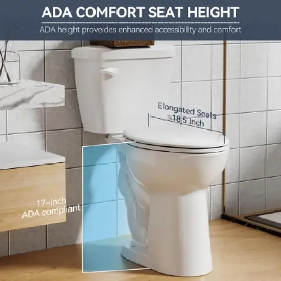 Toilet, Two-Piece Toilet - 17.5'' ADA Height Elongated Toilet, 1.28 GPF Powerful Single Flush with Soft Close Seat, 12 Inch Rough In, White image {1}