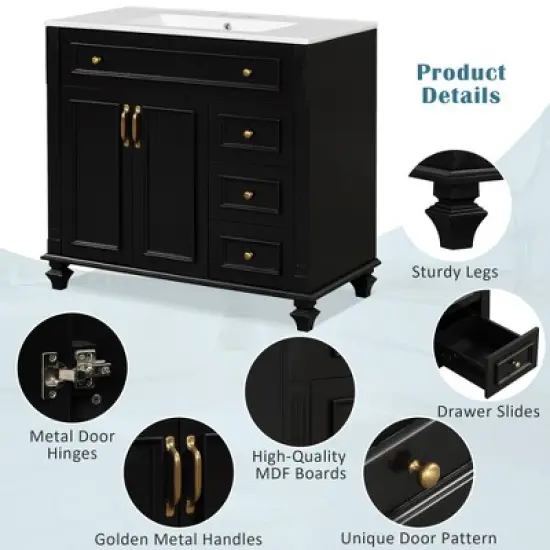 36" Bathroom Vanity with Sink, White Vanity Cabinet with Flip-Out Drawer, 3 Drawers, 2 Soft-Close Doors image {4}