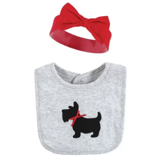 Hudson Baby Infant Girl Cotton Bib and Headband or Caps Set, Scottie Dog, One Size image {2}