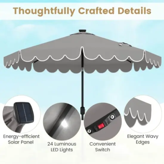 Costway 9.3 FT Solar Patio Umbrella Outdoor Market Sunshade with 24 LED Lights,Ruffles Beige/Brown/Red/Gray/Turquoise image {4}