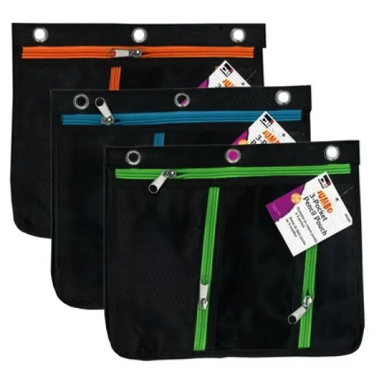 Charles Leonard 3 Pocket Pencil Pouch, Expanding to 1", 11"W x 9.5"H x 1"D - Assorted Colors, Pack of 3 image {3}
