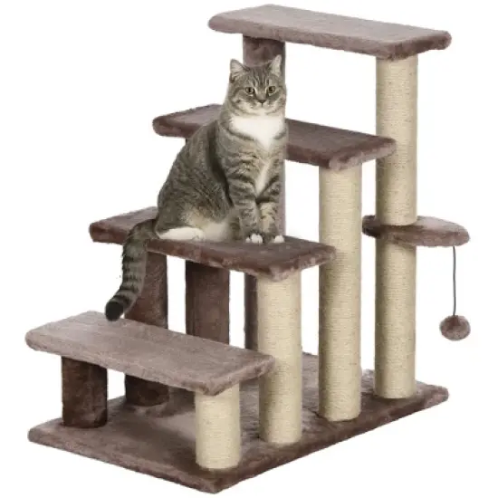PawHut 4 Levels Cat Steps, Pet Stairs Carpeted Ladder, Kitten Tree Climber with Scratching Posts, Hanging Play Ball, Side Step, Brown image {6}