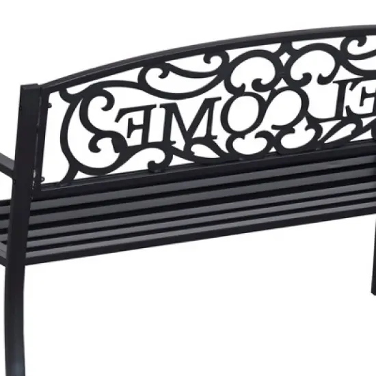 Outsunny 50" Outdoor Metal Welcome Bench, Powder Coated Cast Iron Sign & Steel Frame, 2 Person Bench with Antique Vine Motifs & Slatted Seat, Black image {4}
