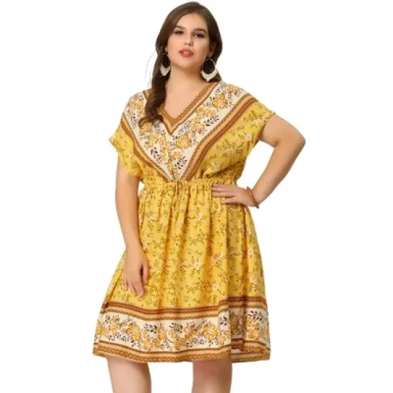 Agnes Orinda Women's Plus Boho Floral Pattern V Neck Drop Shoulder Drawstring Waist Dresses image {3}