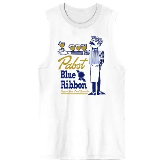 Pabst Blue Ribbon Support Your Local Bartender Crew Neck Sleeveless Men's White Tank Top image {3}