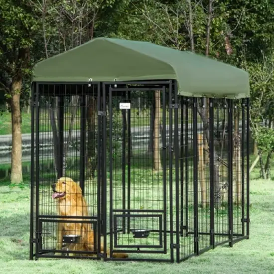 PawHut Outdoor Dog Kennel Lockable Pet Playpen Crate Welded Wire Steel Fence, with Water-, UV-Resistant Canopy, Rotating Bowl Holders Door, 8x4x6ft image {1}