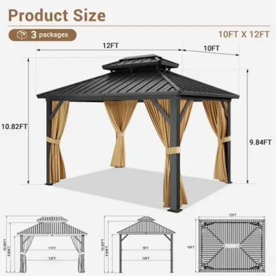 10 x12ft Hardtop Gazebo With Nettings & Curtains, Durable Galvanized Steel Frame and Vertical Striped Canopy for Patio Backyard Deck or Garden image {3}