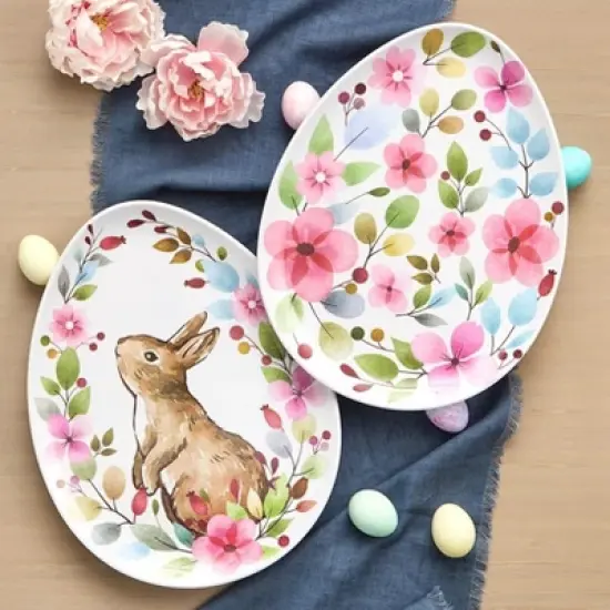 The Lakeside Collection Floral Easter Bunny Tabletop Serving for Entertaining Home Decor - Set of 2 16'' Serving Platters image {2}