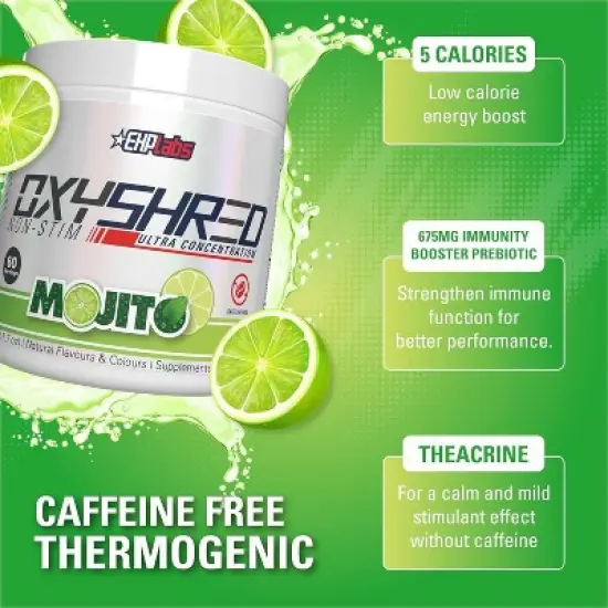 EHPlabs OxyShred Non Stimulant Pre Workout Powder & Fat Burner - Caffeine & Sugar Free Preworkout Energy Powder - Mojito, 60 Servings image {2}