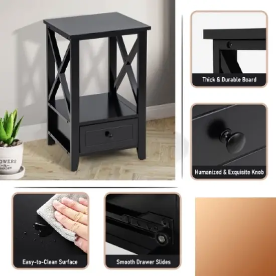 Costway Modern Nightstand with Bottom Drawer Storage Shelf Small Side End Table White\Black image {6}