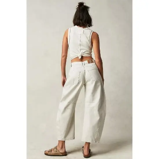 Womens Baggy Jeans for All Season Wide Leg Barrel Jeans Vintage Mid Rise Horseshoe Jeans Casual Loose Fit Jeans Summer Pants,White - L image {1}