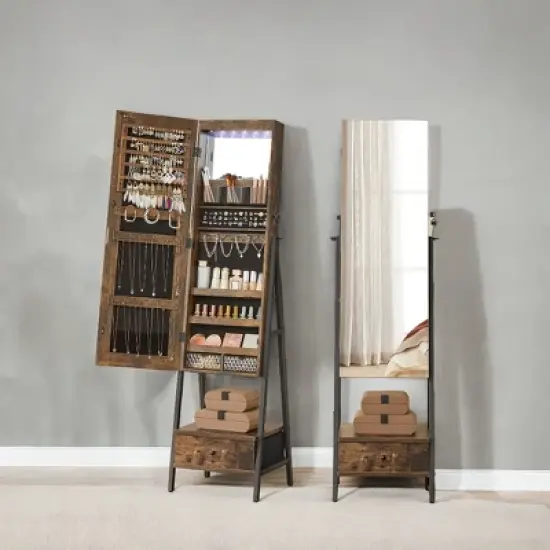 Standing LED Jewelry Cabinet, Lockable Armoire with Full-Length Mirror, Space-Saving Organizer, Bottom Drawer, Shelf - Gift Idea image {1}