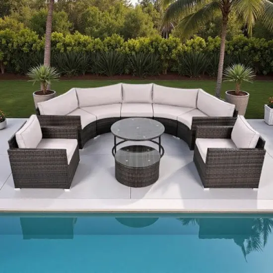 9-Piece Outdoor Patio Wicker Half-Moon Sectional Sofa Set with Nesting Coffee Table and 2 Armchair image {13}