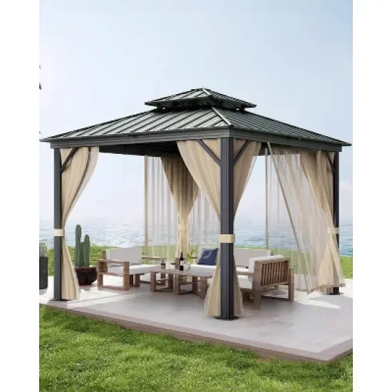 GustoWave 10'x10' Outdoor Double Hardtop Patio Gazebo for Deck, Backyard, Lawn, Garden image {7}