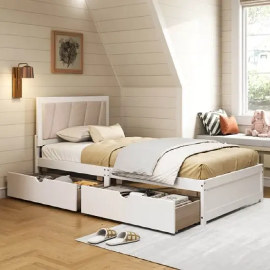 Costway Twin Size Bed Frame with 2 Storage Drawers Upholstered Headboard Wood Structure image {5}