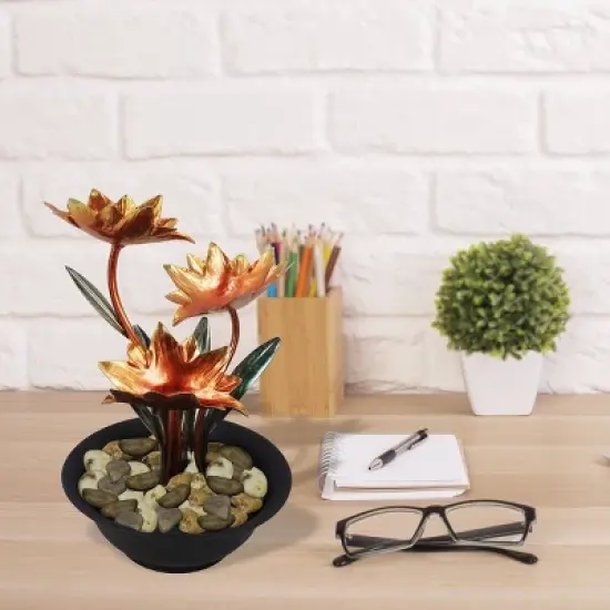 13" Indoor Tiered Metal Lotus Flower Tabletop Fountain Black/Green/Bronze - Alpine Corporation image {1}