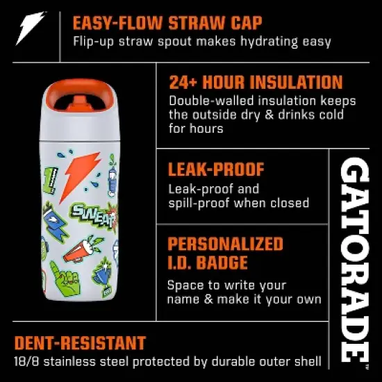 Gatorade 12oz Stainless Steel Water Bottle - White: Portable Drinkware, Plastic Lid image {1}