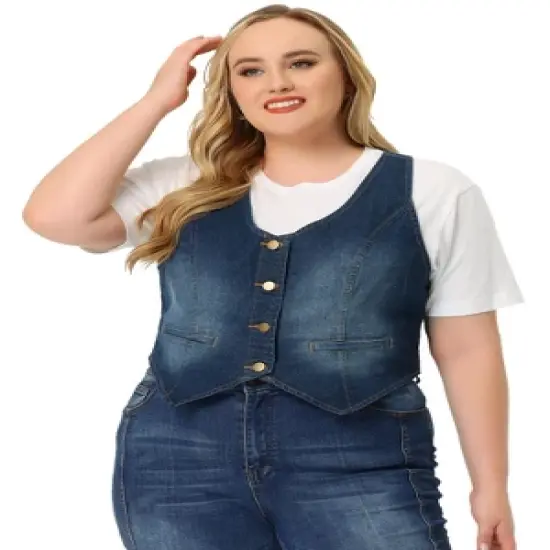 Agnes Orinda Women's Plus Size Sleeveless Button Up Fashion Retro Jean Denim Vest image {2}