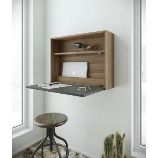 Slim Small Wall Mounted Secretary Desk Nutmeg/Charcoal Gray - Nexera image {1}