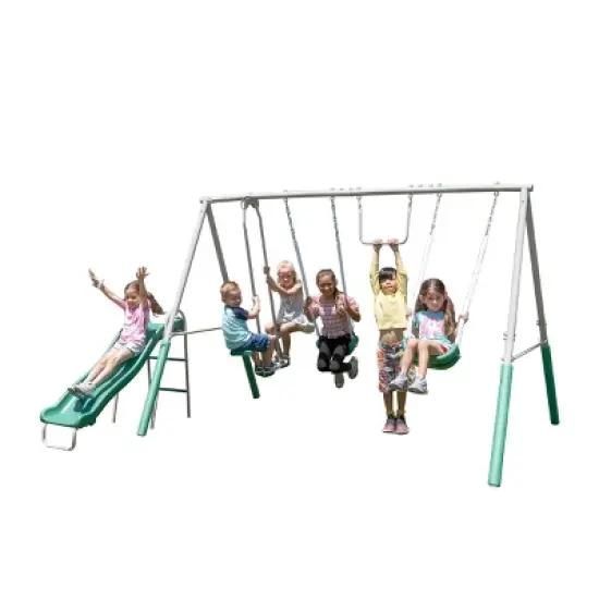 The Swing Company Yonkers Metal Swing Set with Glide Ride Trapeze Bar and 5' Slide image {3}