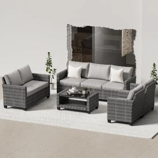 Patio Furniture Sets 6 Pieces, PE Wicker Modern Patio Conversation Set with Storage Cushions image {2}