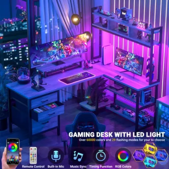 Aheaplus L Shaped Desk with Hutch, Gaming Desk with Led Lights image {1}