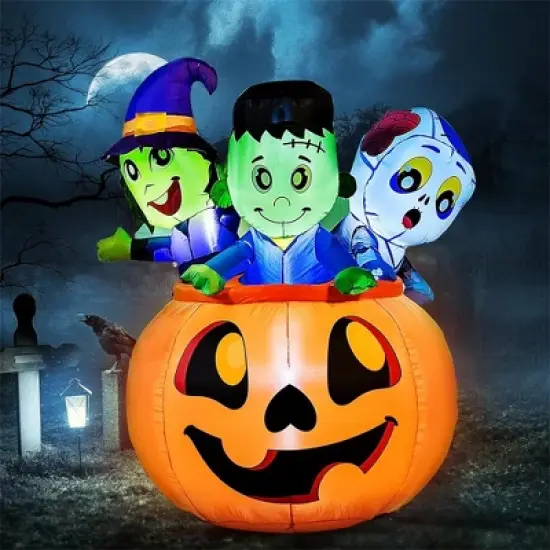 Joyfy 5 FT Tall Halloween Inflatables Outdoor Decorations, Inflatable Witch and Zombie on Pumpkin with LEDs for Halloween Party Yard Lawn Garden Decor image {4}