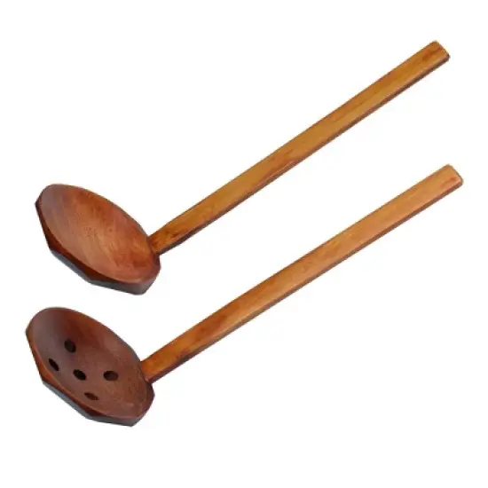 Unique Bargains Home Wooden Soup Spoon Strainer ladle Spoon Kitchen Cookware Tool Set of 2 image {6}