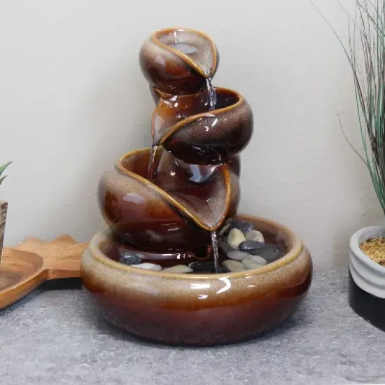 Sunnydaze Indoor Home Decorative Glazed Smooth Ceramic Tiered Vessels Tabletop Water Fountain - 10" - Brown image {1}