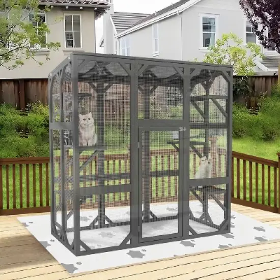 Outdoor Wooden Catio Cat Enclosure &ndash; 60" Large Feral Cat House with Platforms, Grey image {6}