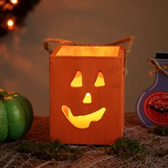 Northlight Small Orange Wood Jack O Lantern Halloween Candle Lantern - 6.25" image {1}