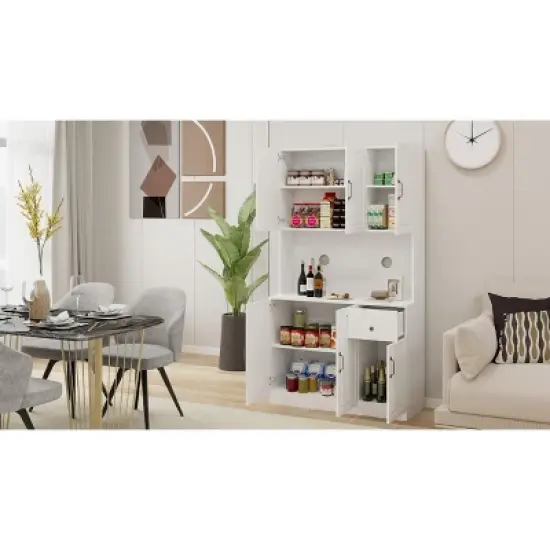 AndMakers White Wood 39.76 in. Pantry Cabinet with Microwave Oven Countertop image {5}