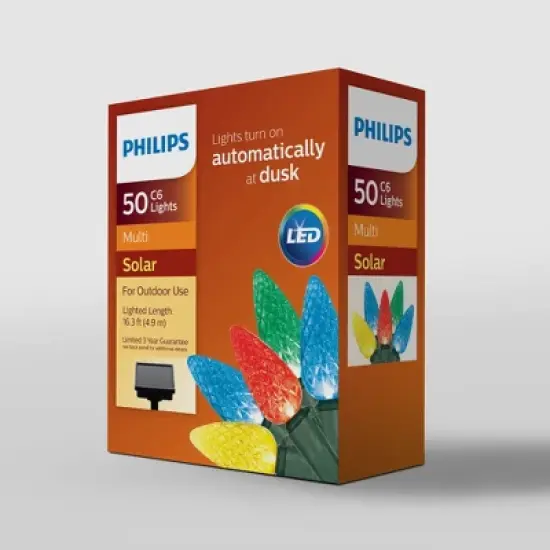 Philips 50ct Solar Faceted C6 String Lights Multicolor with Green Wire image {1}