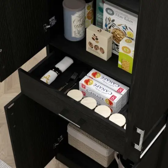 Gulches 70.75"H Freestanding Kitchen Pantry Cabinet - 2 Double Doors, Drawer, Adjustable Shelf, Distressed Black, 27.75"W x13.5"D image {7}