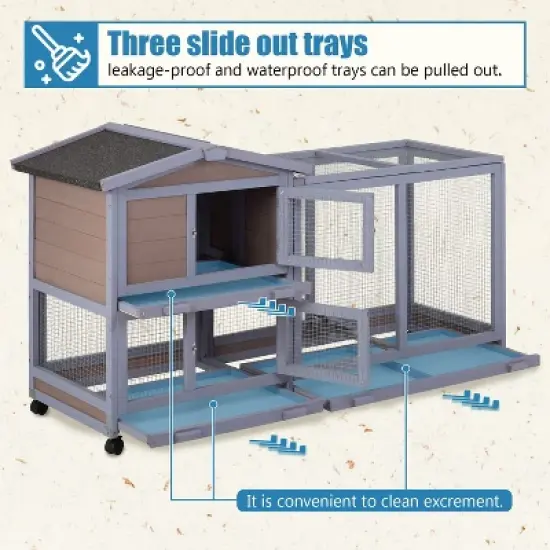 FDW Wood Rabbit Hutch Rabbit Cage Bunny Hutch Rolling Large Bunny Cage Indoor Outdoor Two Story Guinea Pig Hutch Rabbit House with Wheels, Grey image {2}