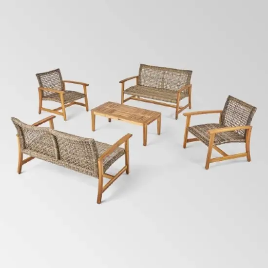 Hampton 5pc Wood & Wicker Loveseat Chat Set - Natural/Gray - Christopher Knight Home image {1}