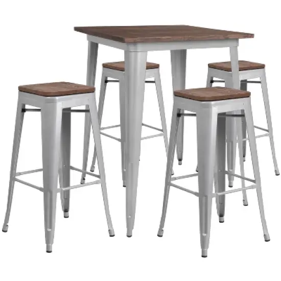 Flash Furniture 31.5" Square Metal Bar Table Set with Wood Top and 4 Backless Stools image {3}