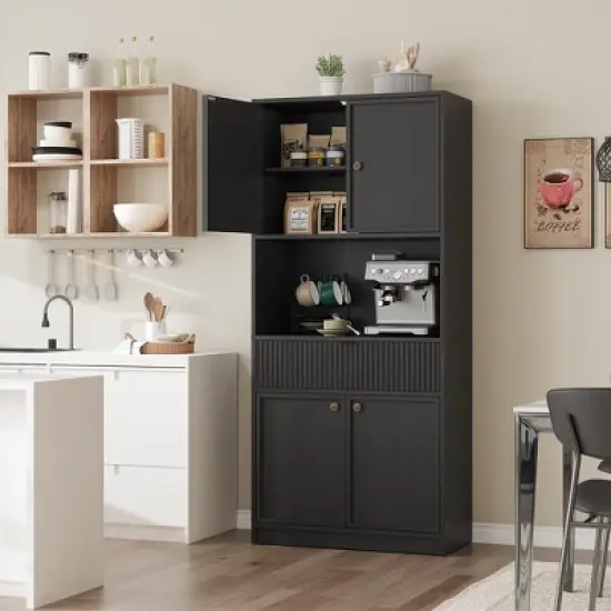 Kitchen Pantry Cabinet, 70" Tall Pantry Storage Cabinet with Countertop, Fluted Tall Cabinets with Doors and Drawer, Freestanding Cupboard image {1}