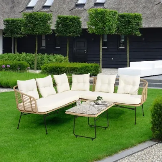 4 Pieces Patio Furniture Set,Boho L-Shaped Sofa Outdoor Furniture Lounge Set Conversation Sectional with Thick Cushions image {5}