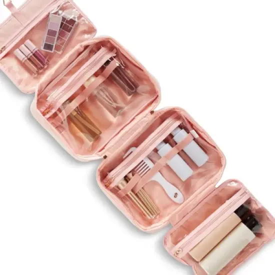 Glamlily Large Pastel Pink Travel Hanging Toiletry Bag with S Hook and Handle, Easy to Clean Polyester Fabric, 12.5 x 4 x 9.5 In image {4}