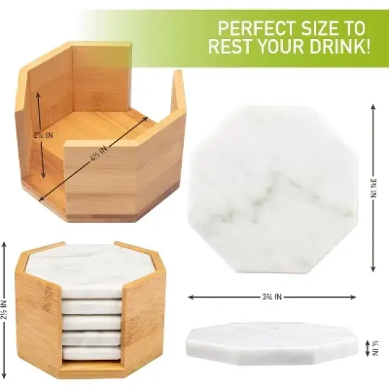 D'Eco White Carrara Marble Coasters w/ Bamboo Holder - Set of 5 - Tabletop Protection- Fits Any Size Wine Glass, Cup, Mug - Great Mother's Day Gift image {2}