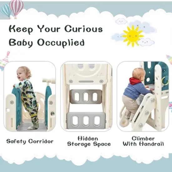 HDPE Kids Slide Playset Structure, Freestanding Castle Climbing Crawling Playhouse with Slide, Arch Tunnel, Ring Toss, and Basketball Hoop image {2}